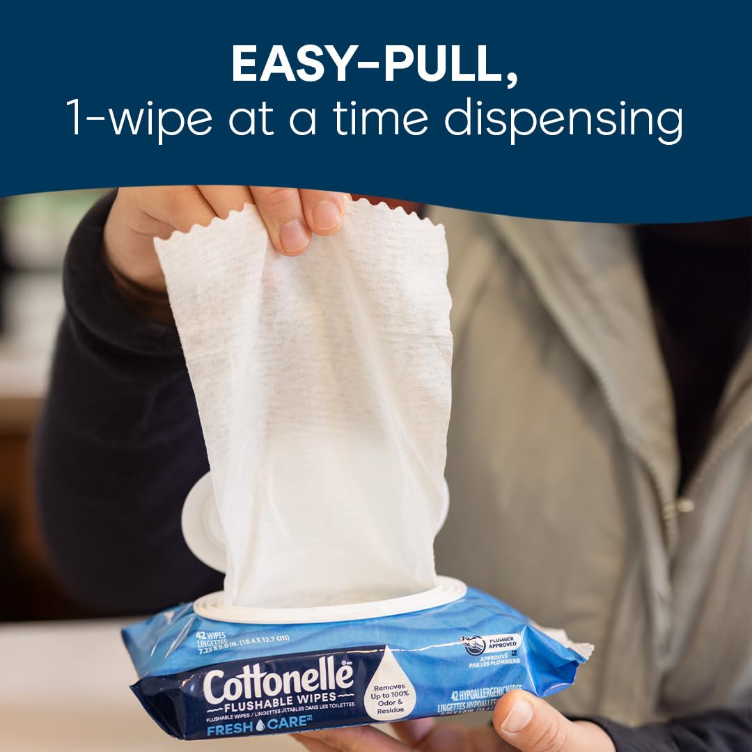 Cottonelle Fresh Feel Flushable Wet Wipes, Adult Wet Wipes, 8 Flip-Top Packs, 42 Wipes Per Pack (336 Total Wipes), Packaging May Vary