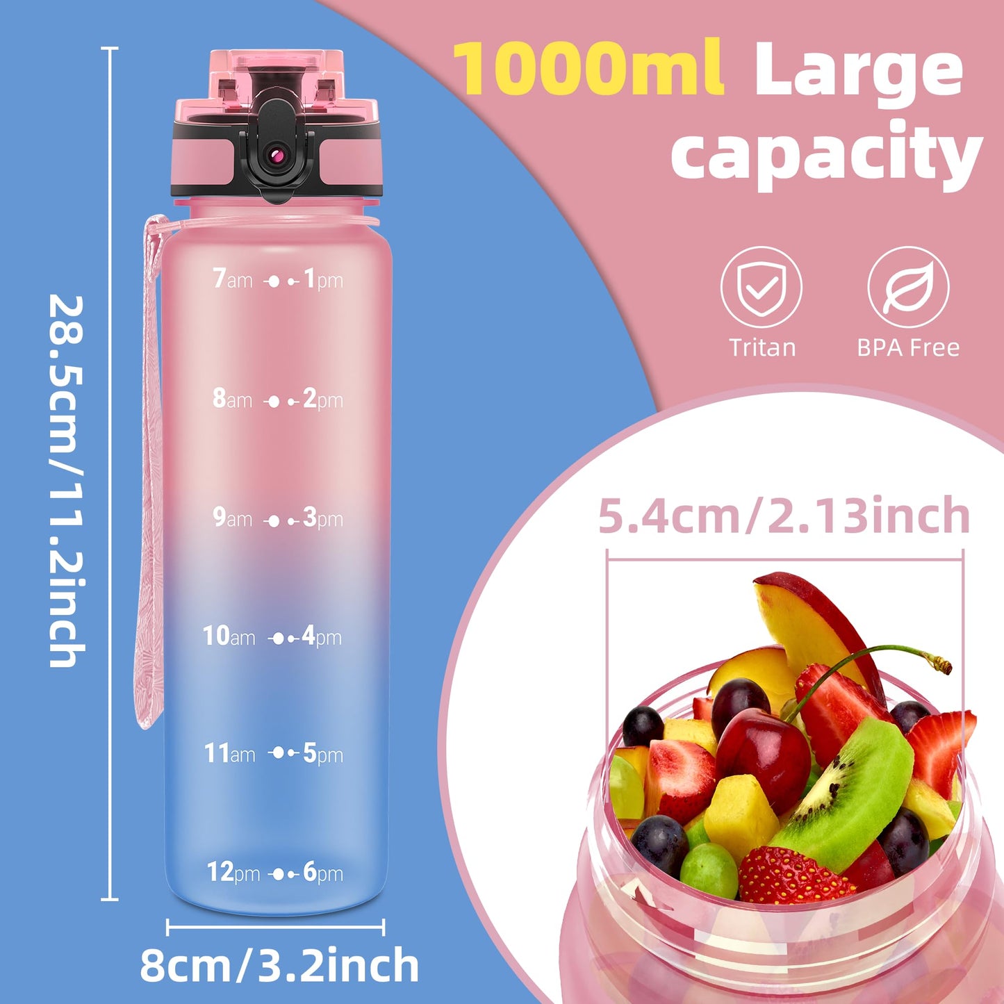 OLDLEY 32 oz Water Bottle, Motivational Water Bottle with Time Marker, Sports Water Bottle With Strap, Leakproof & BPA Free Large Water Bottles for School, Gym, Travel, Outdoor, Tritan, Transparent