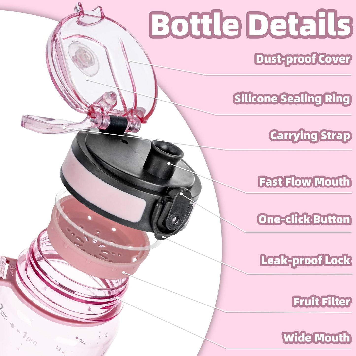 OLDLEY 32 oz Water Bottle, Motivational Water Bottle with Time Marker, Sports Water Bottle With Strap, Leakproof & BPA Free Large Water Bottles for School, Gym, Travel, Outdoor, Tritan, Transparent