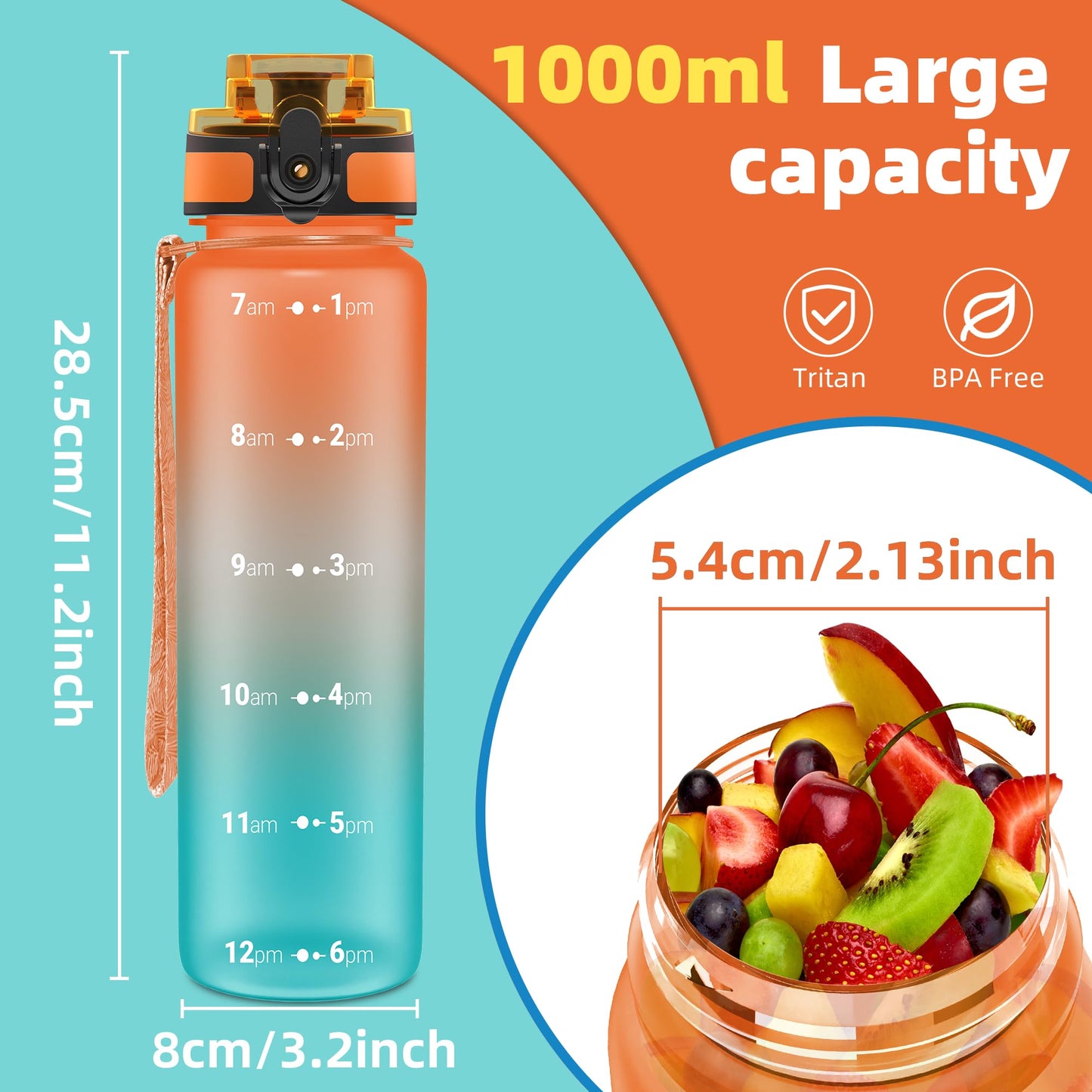 OLDLEY 32 oz Water Bottle, Motivational Water Bottle with Time Marker, Sports Water Bottle With Strap, Leakproof & BPA Free Large Water Bottles for School, Gym, Travel, Outdoor, Tritan, Transparent
