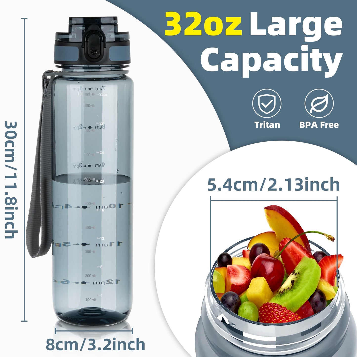 OLDLEY 32 oz Water Bottle, Motivational Water Bottle with Time Marker, Sports Water Bottle With Strap, Leakproof & BPA Free Large Water Bottles for School, Gym, Travel, Outdoor, Tritan, Transparent