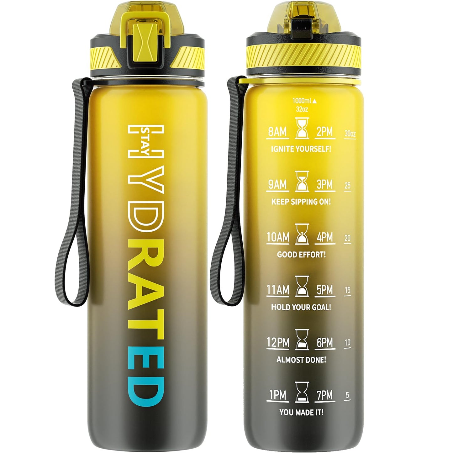 Water Bottle with Straw, 32oz Motivational Water Bottles with Time Marker to Drink, Tritan BPA Free, 1L Sports Water Bottle with Carry Strap LeakProof for Women Gym Fitness Outdoor (1 Pack)