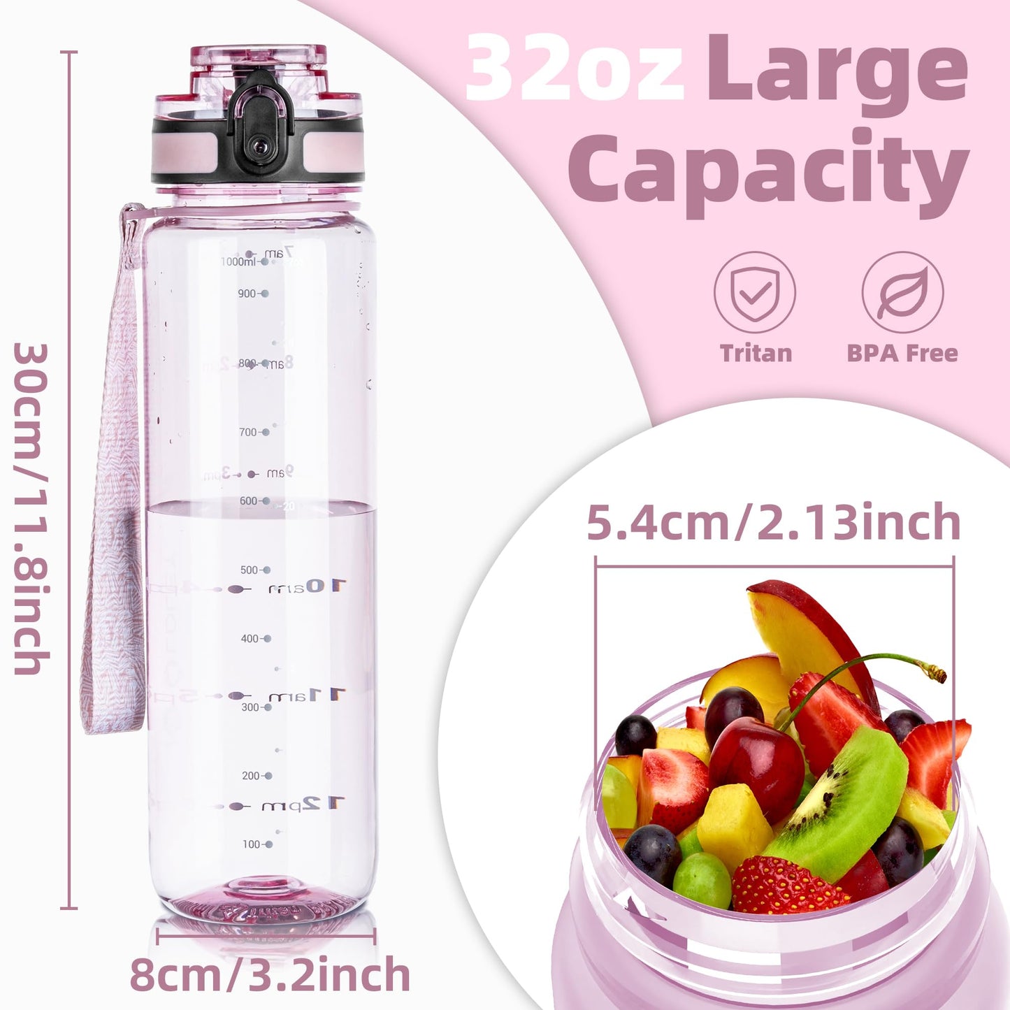 OLDLEY 32 oz Water Bottle, Motivational Water Bottle with Time Marker, Sports Water Bottle With Strap, Leakproof & BPA Free Large Water Bottles for School, Gym, Travel, Outdoor, Tritan, Transparent