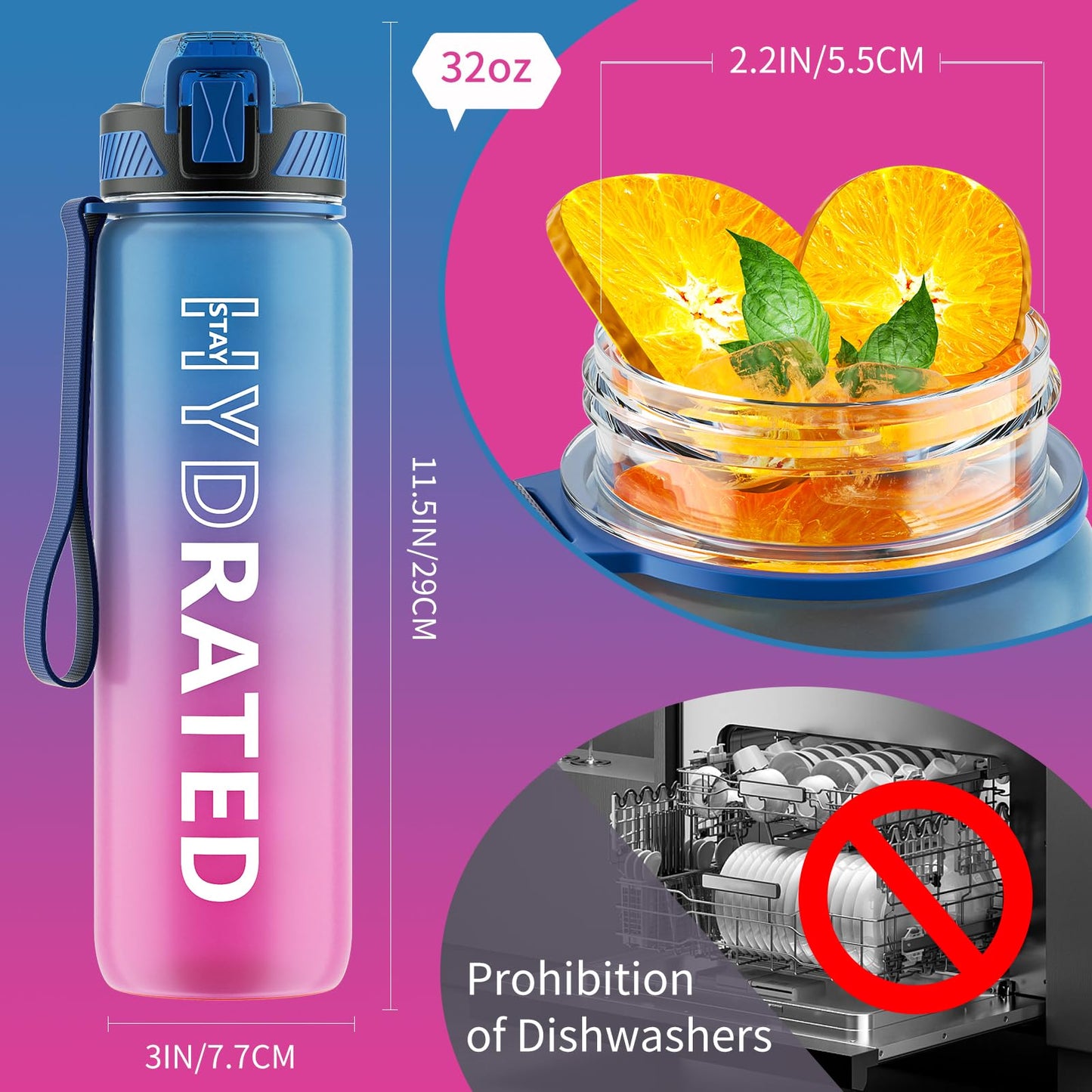 Water Bottle with Straw, 32oz Motivational Water Bottles with Time Marker to Drink, Tritan BPA Free, 1L Sports Water Bottle with Carry Strap LeakProof for Women Gym Fitness Outdoor (1 Pack)