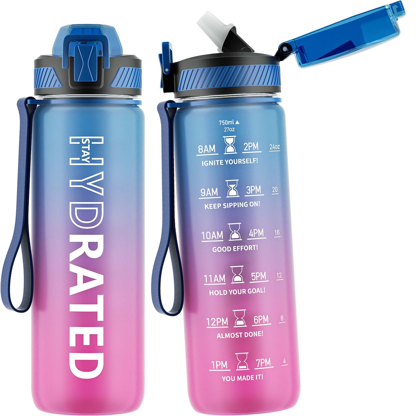 Water Bottle with Straw, 32oz Motivational Water Bottles with Time Marker to Drink, Tritan BPA Free, 1L Sports Water Bottle with Carry Strap LeakProof for Women Gym Fitness Outdoor (1 Pack)