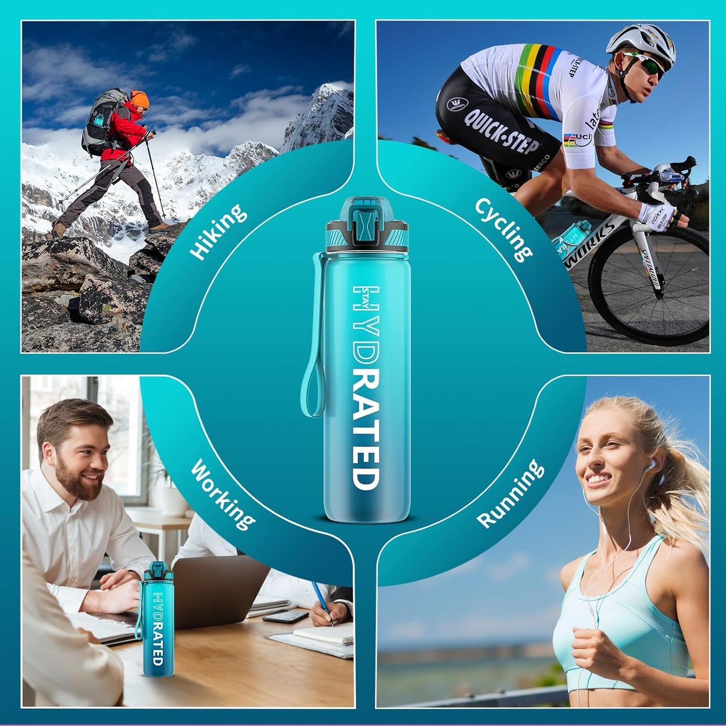 Water Bottle with Straw, 32oz Motivational Water Bottles with Time Marker to Drink, Tritan BPA Free, 1L Sports Water Bottle with Carry Strap LeakProof for Women Gym Fitness Outdoor (1 Pack)