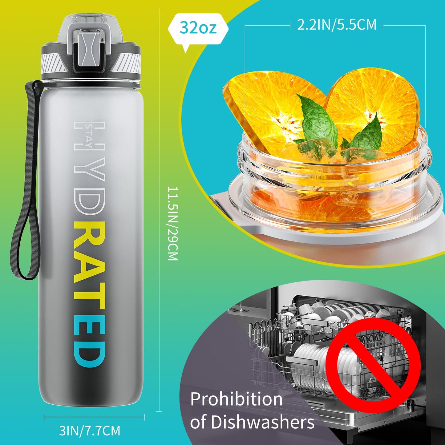 Water Bottle with Straw, 32oz Motivational Water Bottles with Time Marker to Drink, Tritan BPA Free, 1L Sports Water Bottle with Carry Strap LeakProof for Women Gym Fitness Outdoor (1 Pack)