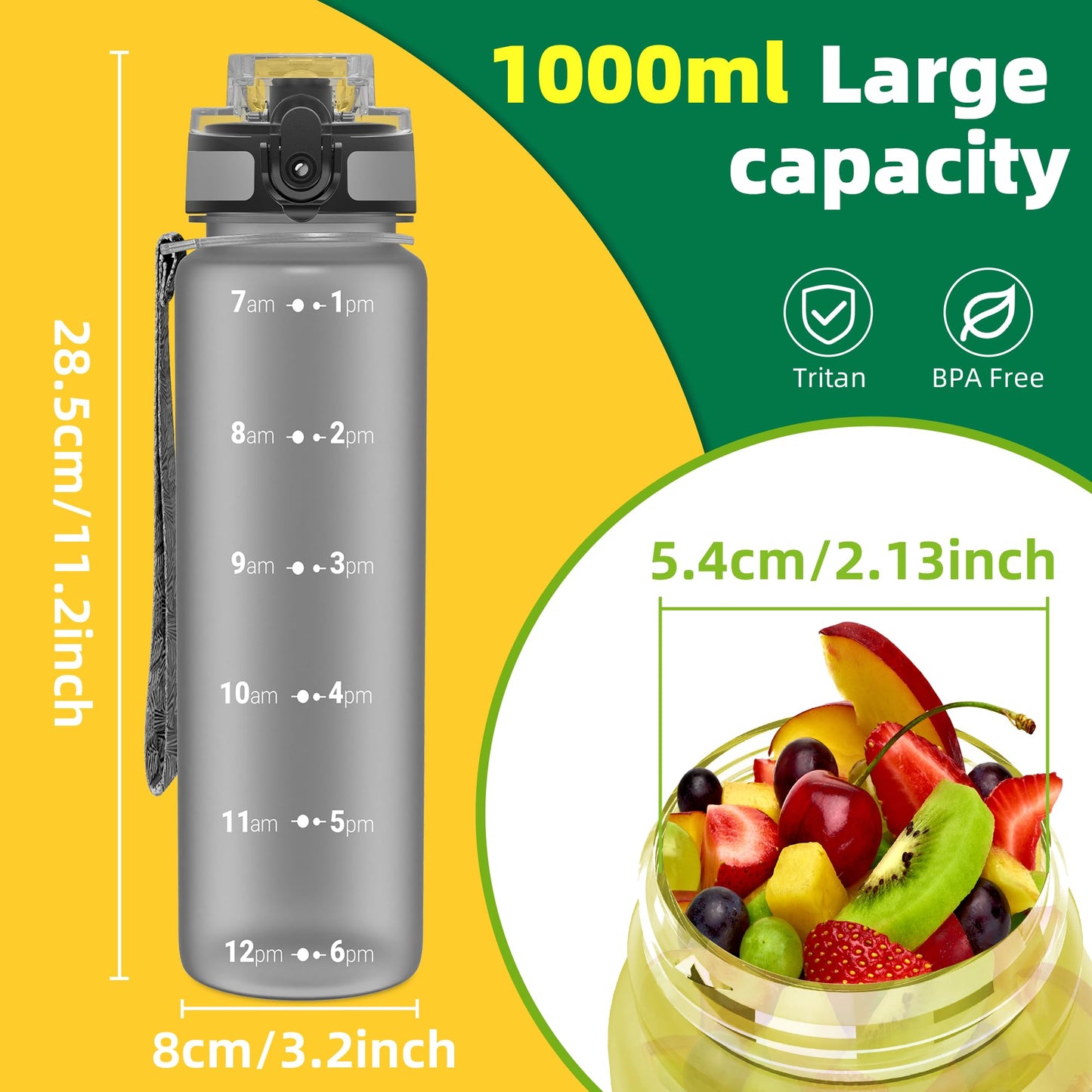 OLDLEY 32 oz Water Bottle, Motivational Water Bottle with Time Marker, Sports Water Bottle With Strap, Leakproof & BPA Free Large Water Bottles for School, Gym, Travel, Outdoor, Tritan, Transparent