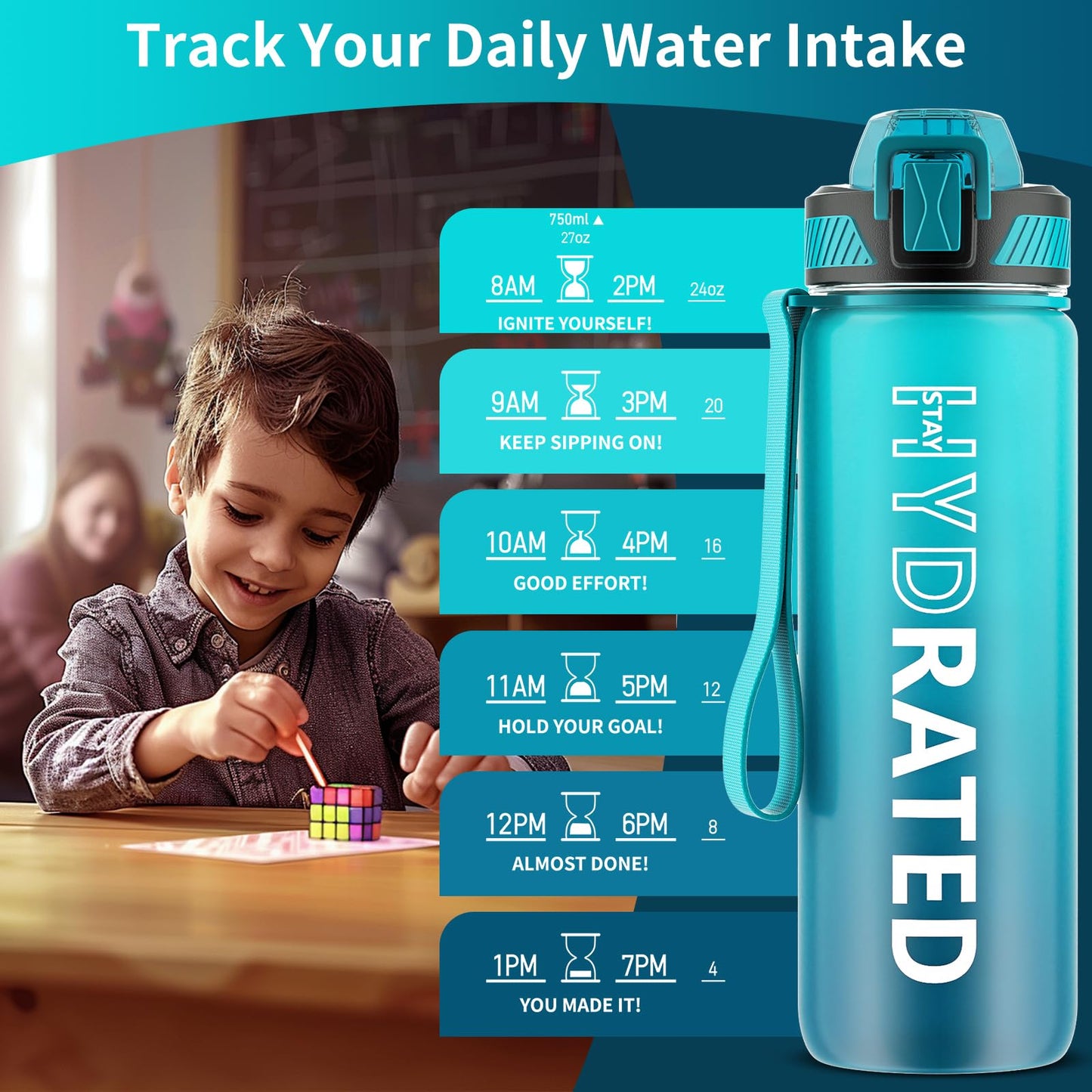 Water Bottle with Straw, 32oz Motivational Water Bottles with Time Marker to Drink, Tritan BPA Free, 1L Sports Water Bottle with Carry Strap LeakProof for Women Gym Fitness Outdoor (1 Pack)
