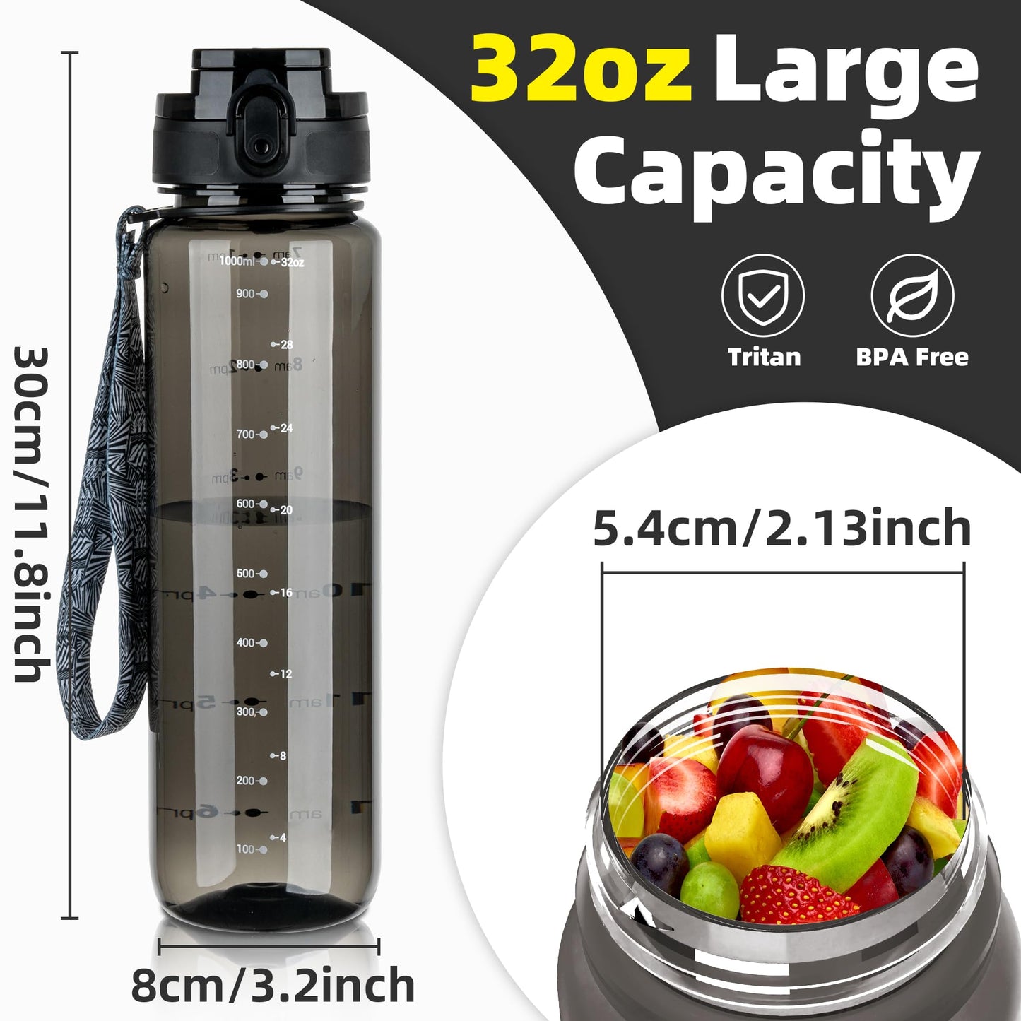 OLDLEY 32 oz Water Bottle, Motivational Water Bottle with Time Marker, Sports Water Bottle With Strap, Leakproof & BPA Free Large Water Bottles for School, Gym, Travel, Outdoor, Tritan, Transparent