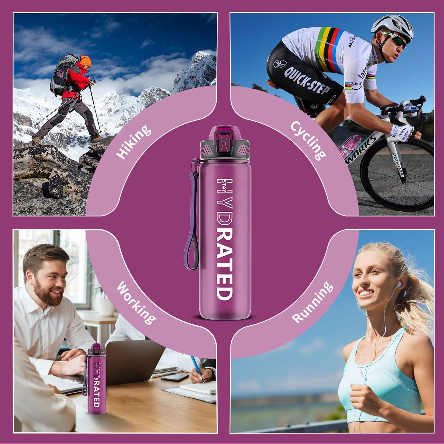 Water Bottle with Straw, 32oz Motivational Water Bottles with Time Marker to Drink, Tritan BPA Free, 1L Sports Water Bottle with Carry Strap LeakProof for Women Gym Fitness Outdoor (1 Pack)
