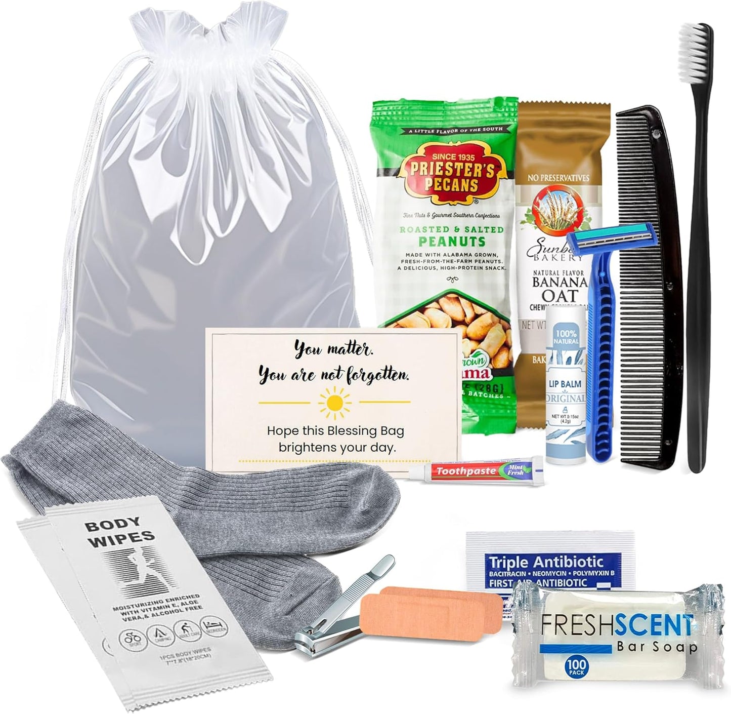 Homeless Care Package (5 Count) – Complete Hygiene Kits for Homeless Includes Food, Socks, First Aid and Personal Care Items – Ideal Homeless Blessing Bag for Outreach and Charity