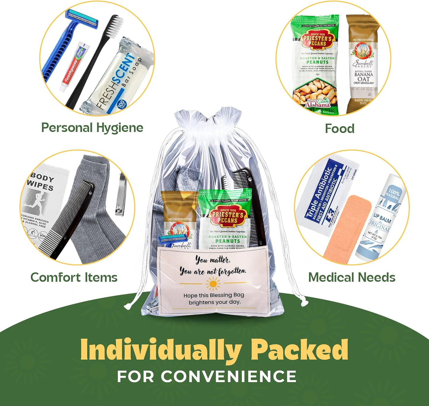 Homeless Care Package (5 Count) – Complete Hygiene Kits for Homeless Includes Food, Socks, First Aid and Personal Care Items – Ideal Homeless Blessing Bag for Outreach and Charity